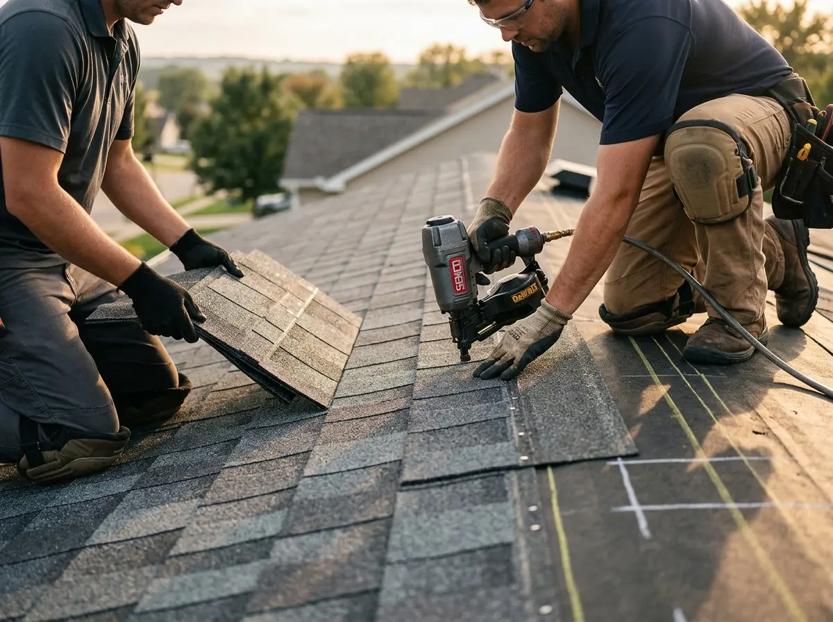 Professional roofer working on a residential roof in Poland